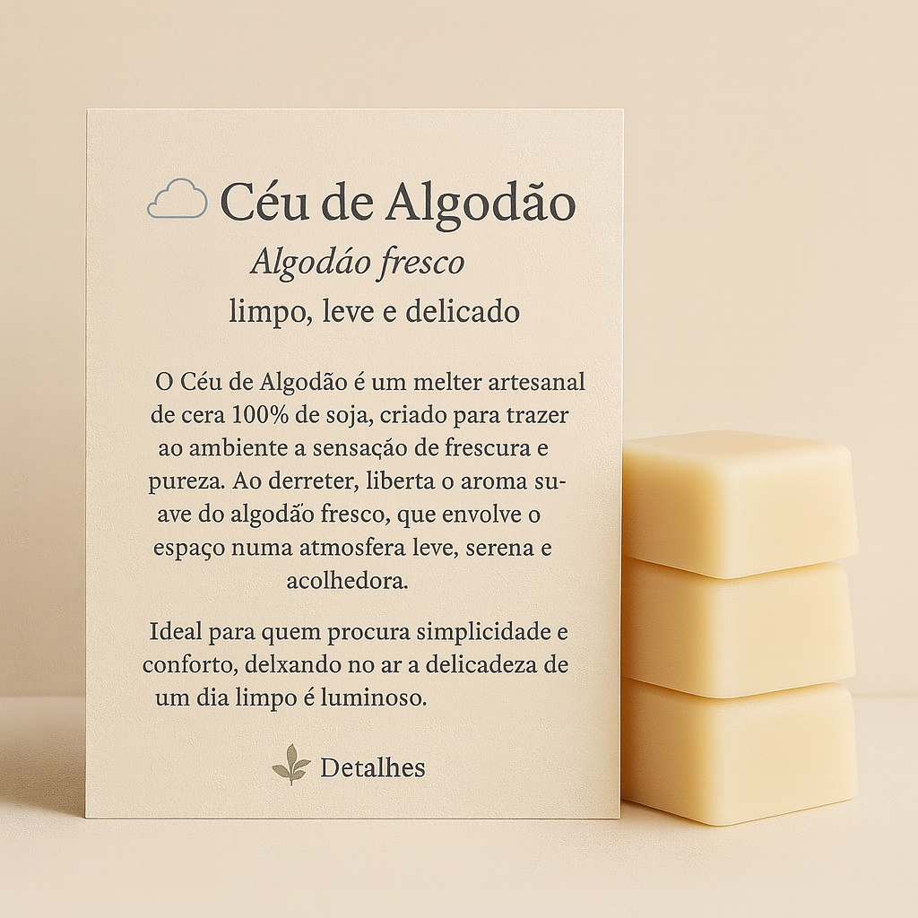 Melters “Céu de Algodão”  Algodão fresco: limpo, leve e delicado.